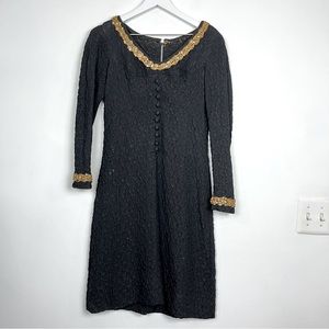 Vintage Elinor Gay Original Black Dress Long-sleeve Gold Trim